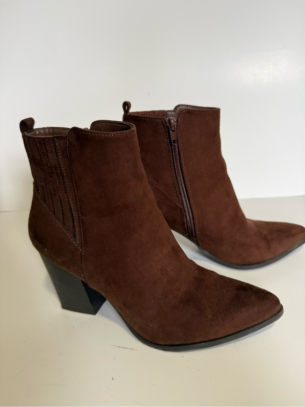 Women's Brown Suede Ankle Boots - Zip Side Heel Booties